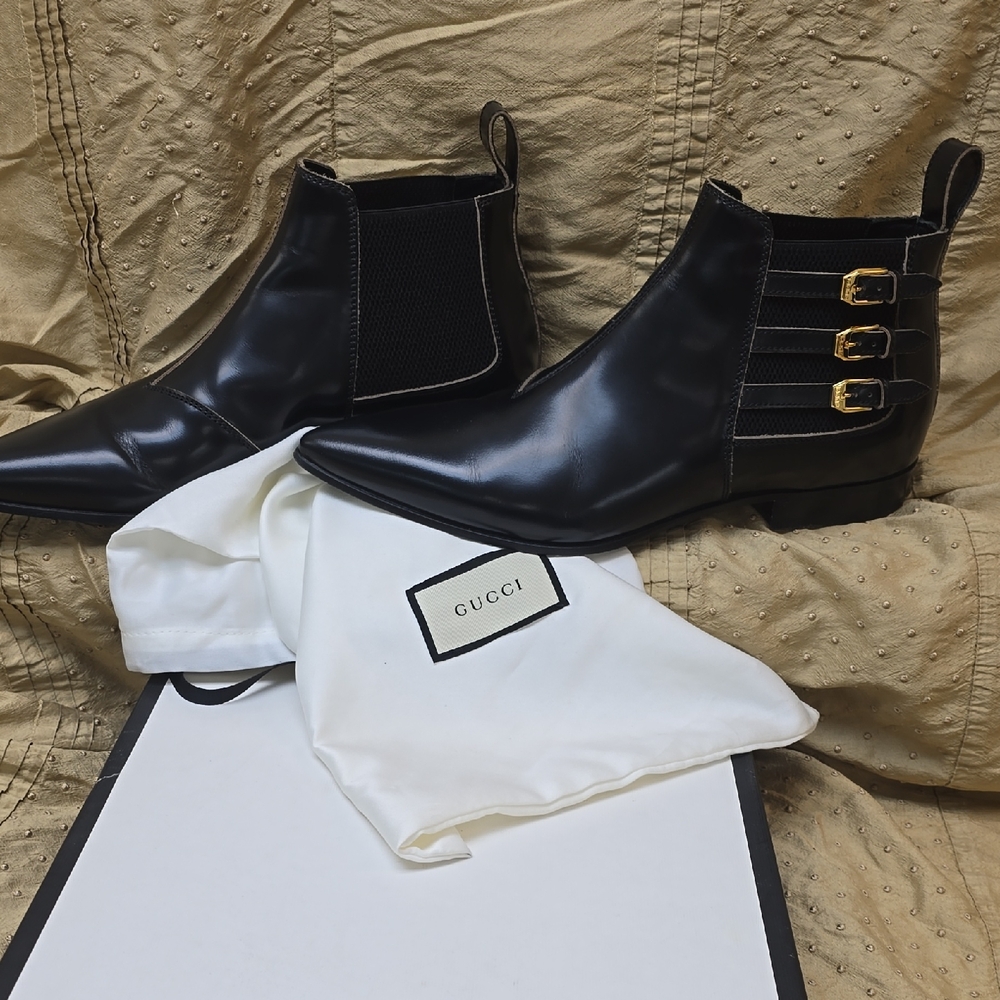Gucci Black Leather Boots with Gold Buckles